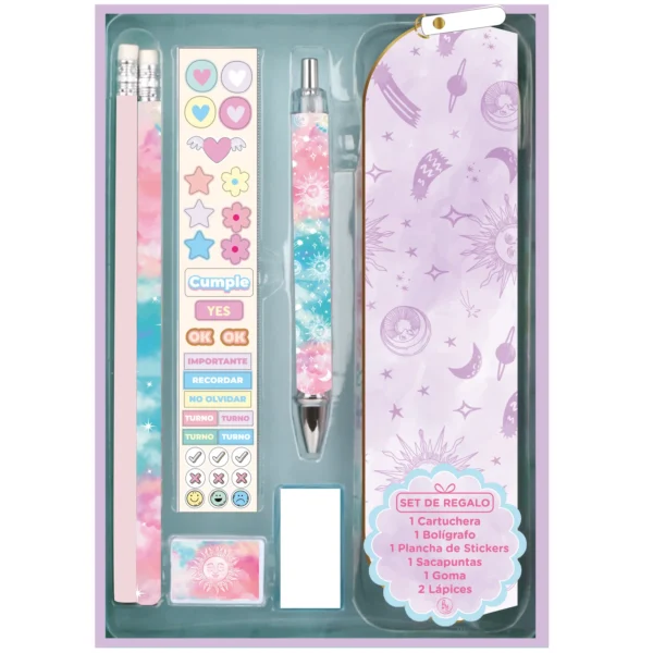 Set de regalo RY Colección STATIONERY * UNIVERSO *  PREMIUM Cartuchera + Acces0rios