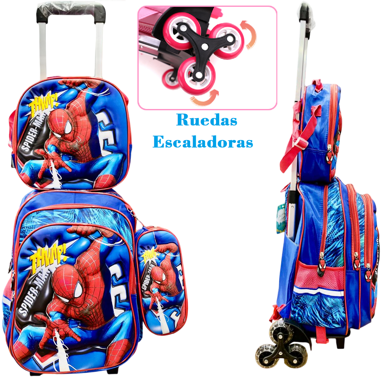 Set x 3 *SPIDER MAN* Mochila Con Carro 3D + Lonchera Termica + Cartuchera -Ruedas Escaladoras x 3 Reforzadas- Escolar