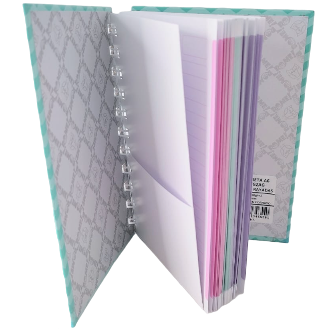 LIBRETAS TAPA DURA C/ ESPIRAL 10 X 15 ”Zig Zag Verde Pastel” A6 ROME (HOJA RAYADA)