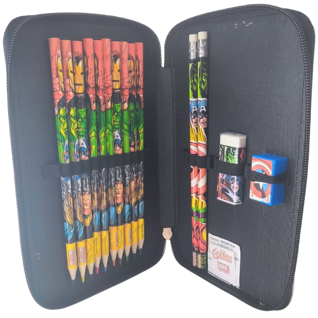 KIT SET * CARTUCHERAS CRESKO "AVENGERS" 1 PISO REFORZADAS + 10 LAPIICES DE COLORES + 2 LAPIIZ NEGRO + G0MA DE BORRAR + SAKPUNTAS *