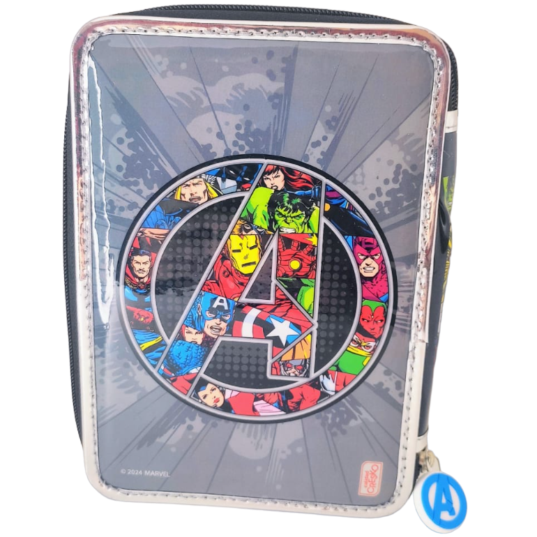 KIT SET * CARTUCHERAS CRESKO "AVENGERS" 1 PISO REFORZADAS + 10 LAPIICES DE COLORES + 2 LAPIIZ NEGRO + G0MA DE BORRAR + SAKPUNTAS *
