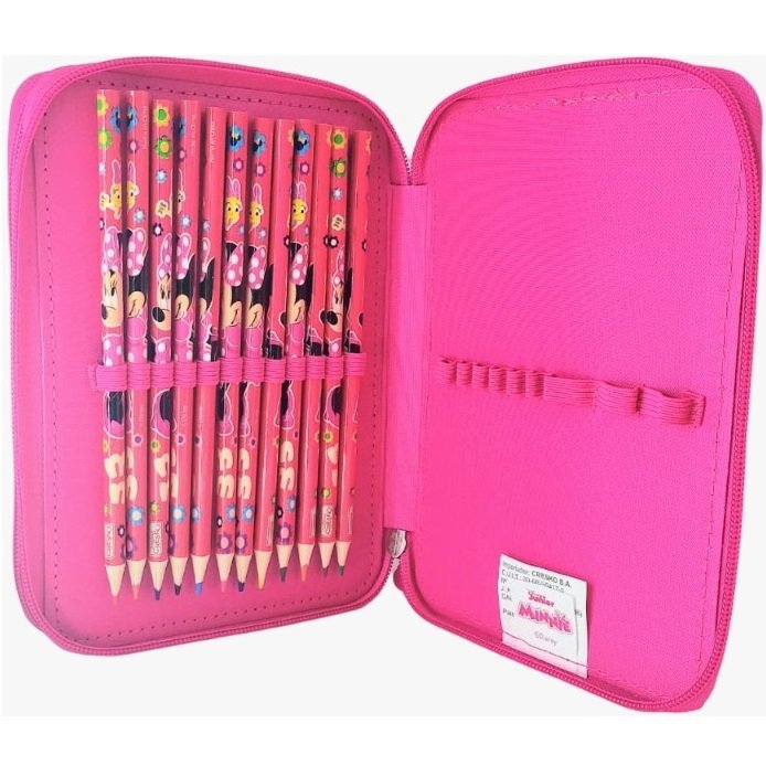 KIT SET * CARTUCHERAS CRESKO "MINNIE" 2 PISOS REFORZADAS + 12 LAPIICES DE COLORES + 4 LAPIIZ NEGRO + G0MA DE BORRAR + SAKPUNTAS *