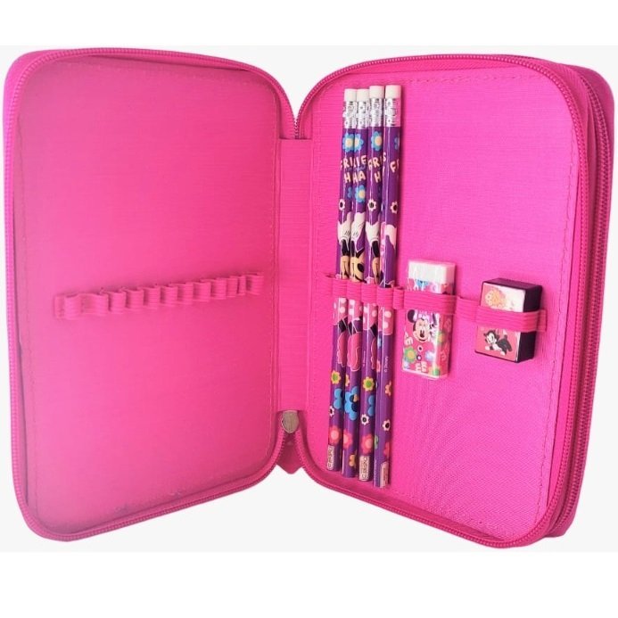 KIT SET * CARTUCHERAS CRESKO "MINNIE" 2 PISOS REFORZADAS + 12 LAPIICES DE COLORES + 4 LAPIIZ NEGRO + G0MA DE BORRAR + SAKPUNTAS *
