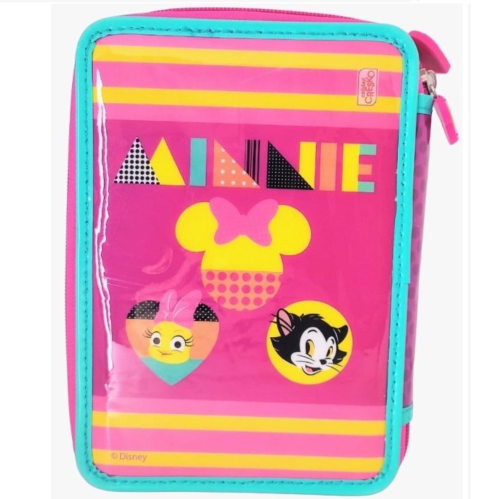 KIT SET * CARTUCHERAS CRESKO "MINNIE" 2 PISOS REFORZADAS + 12 LAPIICES DE COLORES + 4 LAPIIZ NEGRO + G0MA DE BORRAR + SAKPUNTAS *