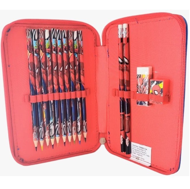 KIT SET * CARTUCHERAS CRESKO "SPIDER MAN" 1 PISO REFORZADAS + 10 LAPIICES DE COLORES + 2 LAPIIZ NEGRO + G0MA DE BORRAR + SAKPUNTAS *