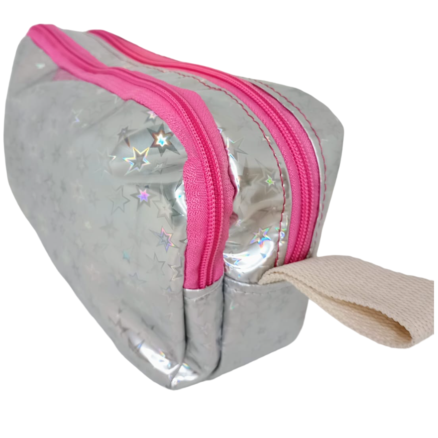 CARTUCHERAS DOBLE CIERRE "PLATEADA CON ESTRELLAS" TAMAÑO GRANDE Cod 305