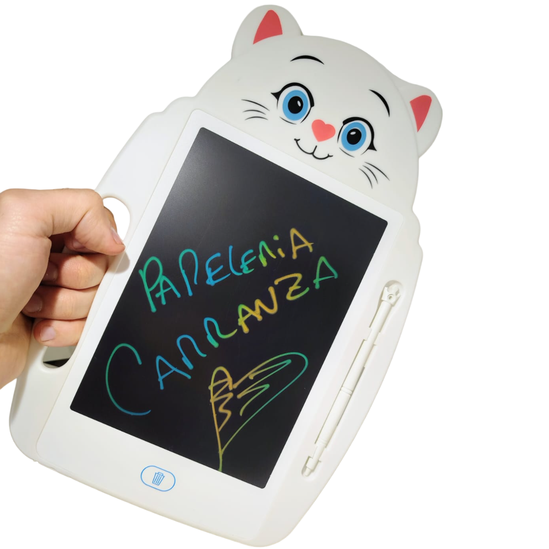 Pizarras INFANTILES Didácticas MULTICOLOR *GATITO BLANCO* TABLET LCD 9" c/ Lapiiz Tactil y Agarre (Pantalla escribe Multiples colores)