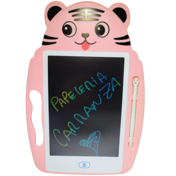 Pizarras INFANTILES Didácticas MULTICOLOR *TIGRE ROSA* TABLET LCD 9" c/ Lapiiz Tactil y Agarre (Pantalla escribe Multiples colores)