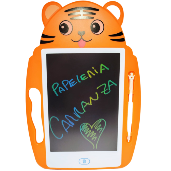 Pizarras INFANTILES Didácticas MULTICOLOR *TIGRE NARANJA* TABLET LCD 9" c/ Lapiiz Tactil y Agarre (Pantalla escribe Multiples colores)