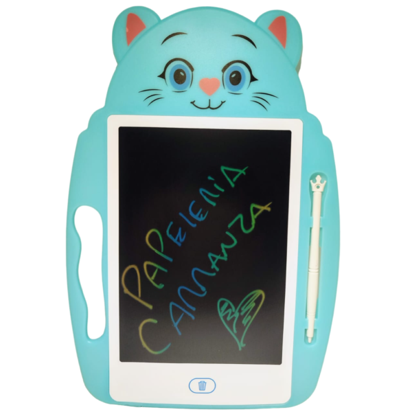 Pizarras INFANTILES Didácticas MULTICOLOR *GATITO CELESTE* TABLET LCD 9" c/ Lapiiz Tactil y Agarre (Pantalla escribe Multiples colores)