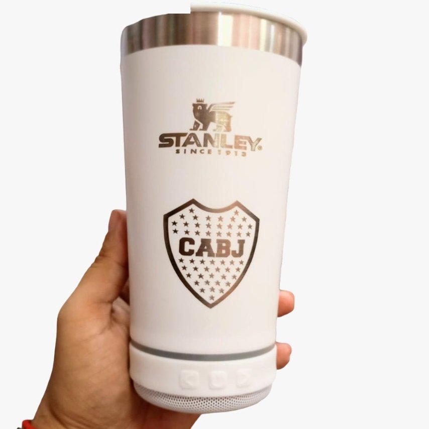 VASO TERMICO "BOCA JUNIORS BLANCO" STANLEY PREMIUM 500 ML - CON PARLANTE BLUETOOTH - ACERO INOXIDABLE (DOBLE CAPA) C/ LUCES + TAPA Y ABRIDOR DE B0TELLAS