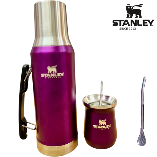 SET METALIZADO TIPO * TERMO STANLEY 1.2L + MATE 260ML + BOMBILLA / (NUEVO PICO VERTEDOR) ACERO INOXIDABLE