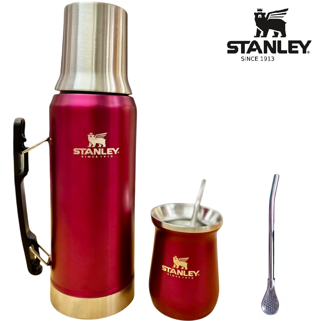 SET METALIZADO TIPO * TERMO STANLEY 1.2L + MATE 260ML + BOMBILLA / (NUEVO PICO VERTEDOR) ACERO INOXIDABLE
