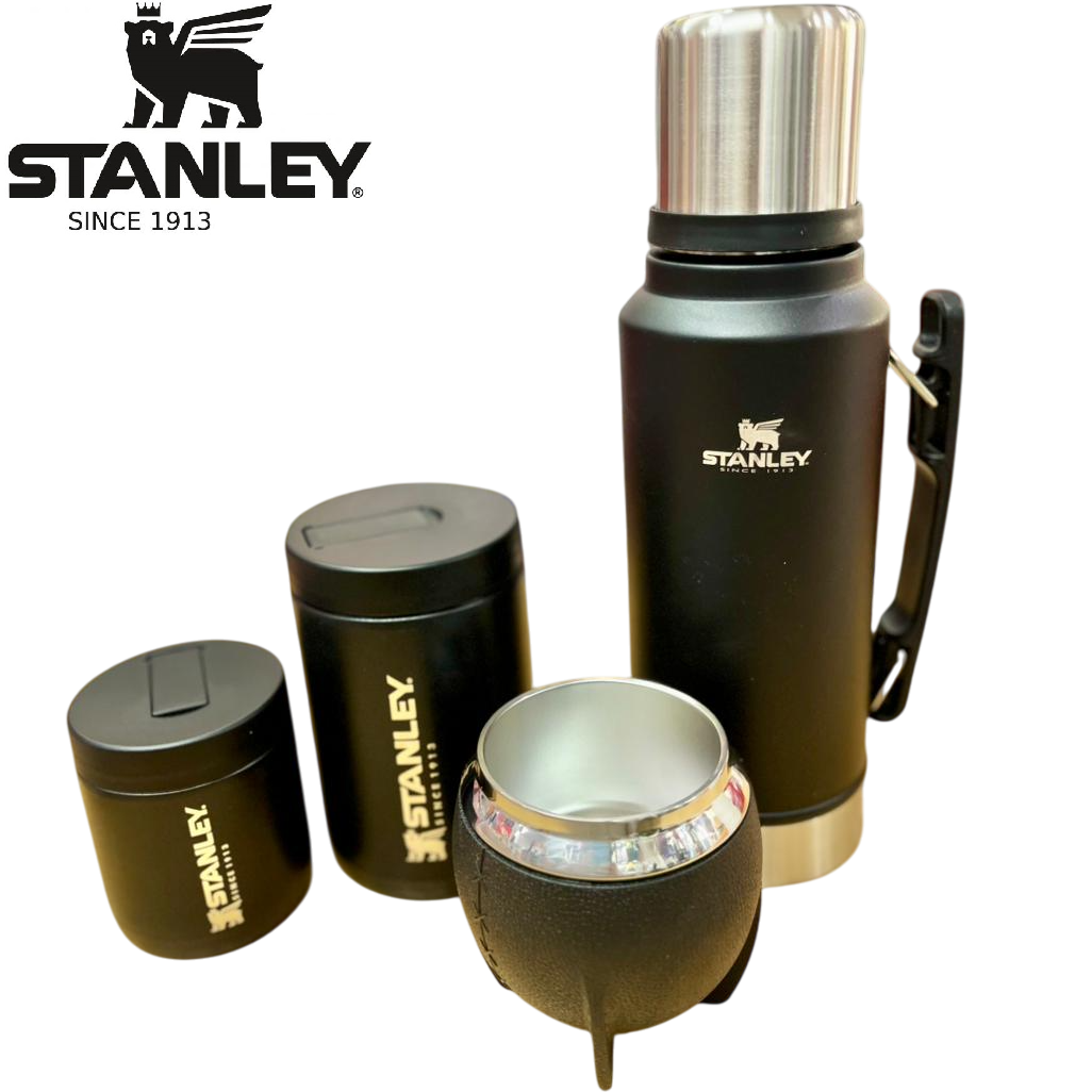 SET COMPLETO x 4 PIEZAS * TERMO Grabado STANLEY 1 Litro + MATE 280ML + YERBERO + AZUCARERO (EN CAJA EXHIBIDORA) ACERO INOXIDABLE