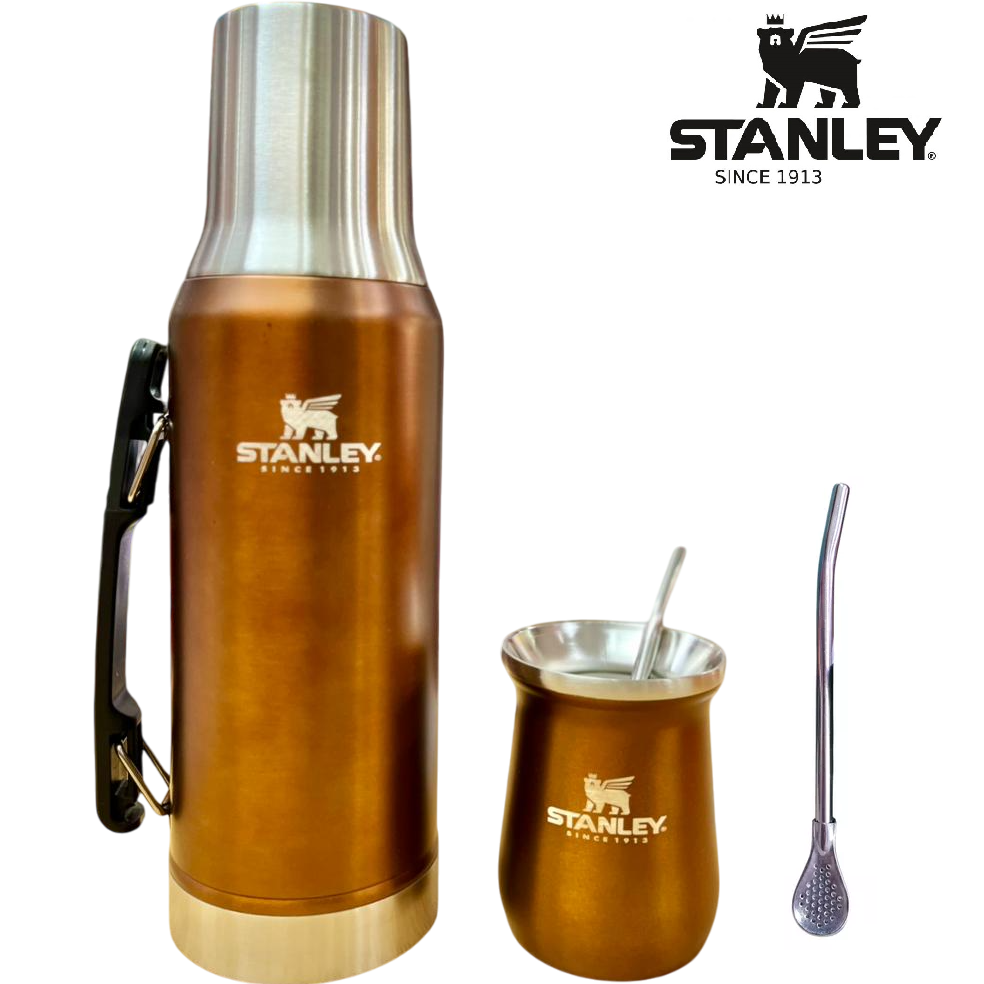 SET METALIZADO TIPO * TERMO STANLEY 1.2L + MATE 260ML + BOMBILLA / (NUEVO PICO VERTEDOR) ACERO INOXIDABLE
