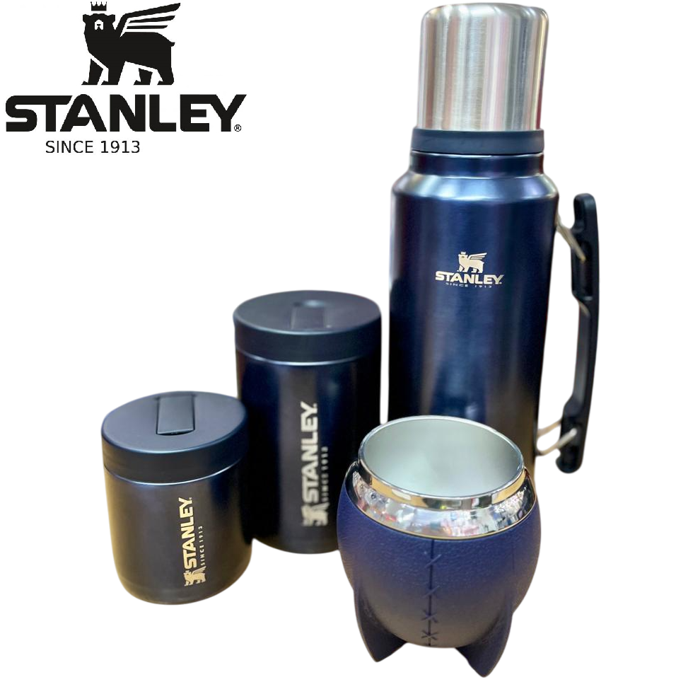SET COMPLETO x 4 PIEZAS * TERMO Grabado STANLEY 1 Litro + MATE 280ML + YERBERO + AZUCARERO (EN CAJA EXHIBIDORA) ACERO INOXIDABLE