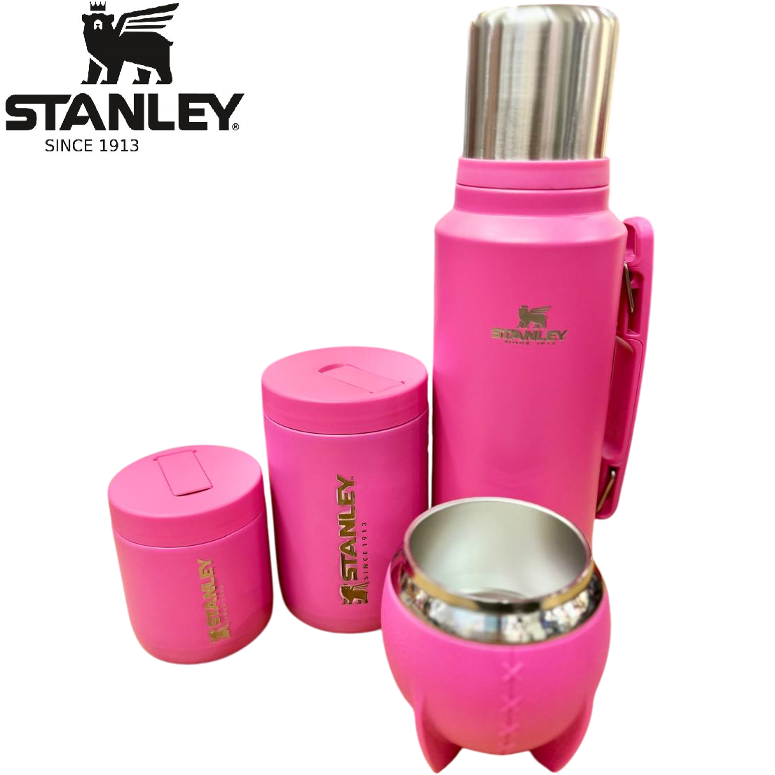 SET COMPLETO x 4 PIEZAS * TERMO Grabado STANLEY 1 Litro + MATE 280ML + YERBERO + AZUCARERO (EN CAJA EXHIBIDORA) ACERO INOXIDABLE
