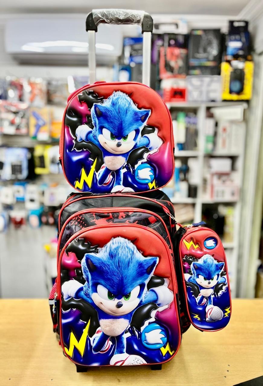 Set x 3 *SONIC* Mochila Con Carro 3D + Lonchera Termica + Cartuchera -Ruedas Escaladoras x 3 Reforzadas- Escolar