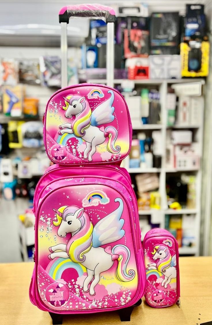 Set x 3 *UNICORNIOS* Mochila Con Carro + Lonchera Termica + Cartuchera -Ruedas con Luces- Escolar 3D