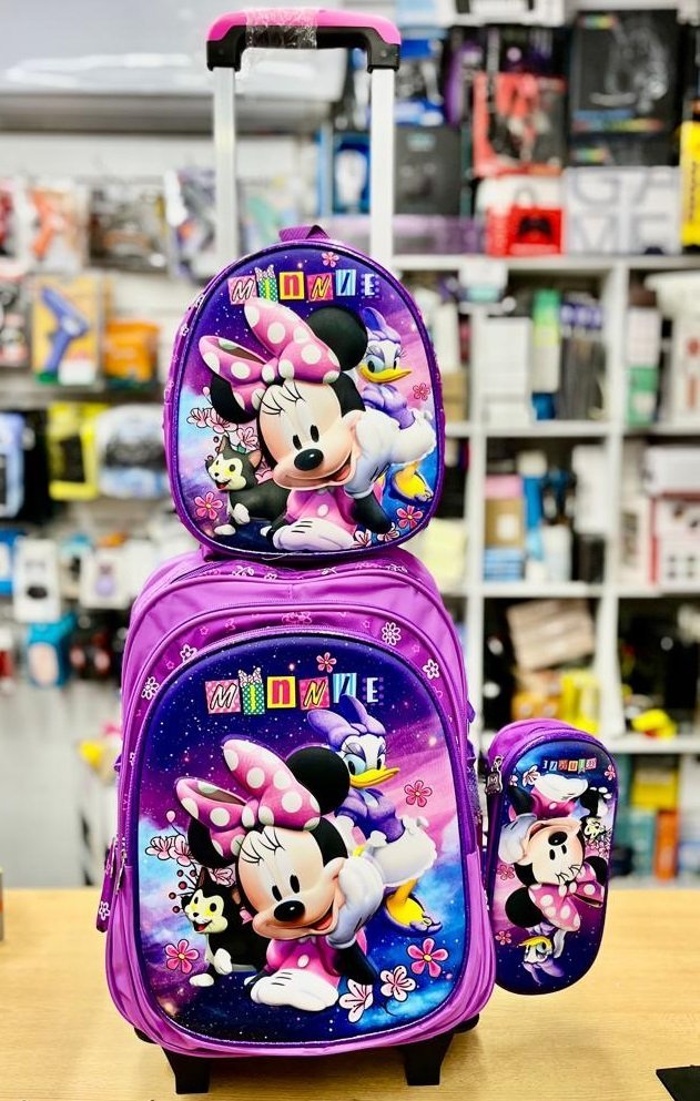 Set x 3 *MINNIE MOUSE* Mochila Con Carro + Lonchera Termica + Cartuchera -Ruedas con Luces- Escolar 3D
