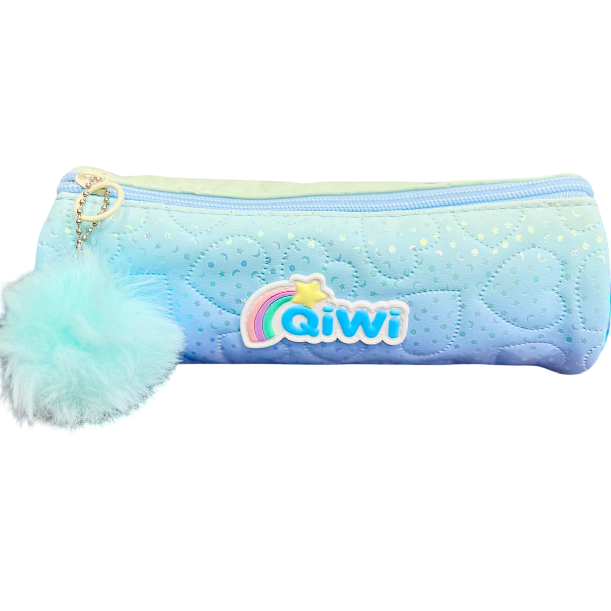 CARTUCHERAS QIWI *RAINBOW POMPON CELESTE* MEDIANA TUBO