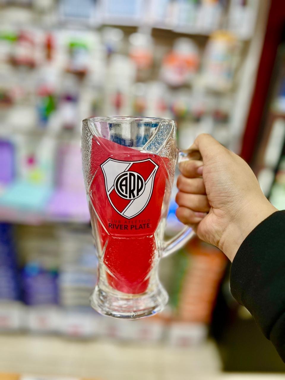 VASO CHOPERO * RIVER PLATE * - VIDRIO C/ MANIJA , CAJA DE REGALO, TARJETITA Y MOÑO