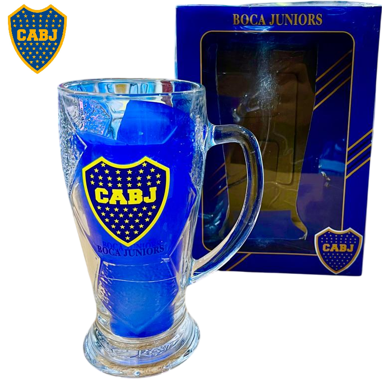 VASO CHOPERO * BOCA JUNIORS * - VIDRIO C/ MANIJA , CAJA DE REGALO, TARJETITA Y MOÑO