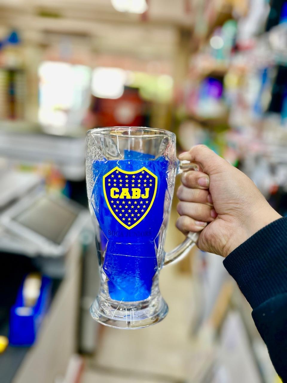 VASO CHOPERO * BOCA JUNIORS * - VIDRIO C/ MANIJA , CAJA DE REGALO, TARJETITA Y MOÑO