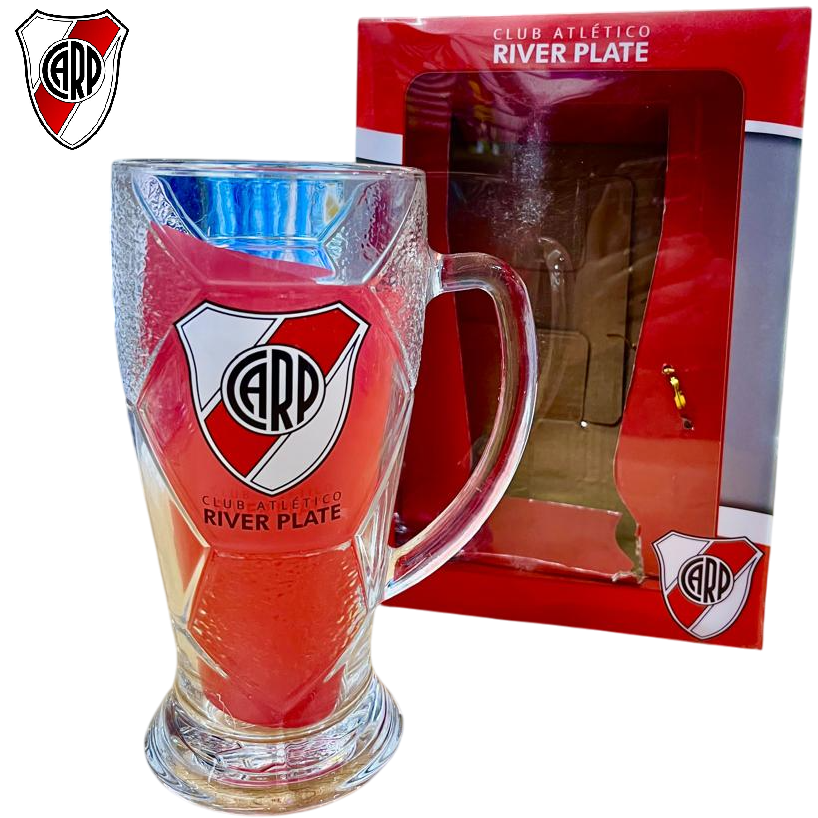 VASO CHOPERO * RIVER PLATE * - VIDRIO C/ MANIJA , CAJA DE REGALO, TARJETITA Y MOÑO