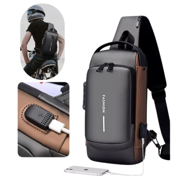 Pechera Cruzada de Seguridad * Negro Combinado Antirrobo * Reforzada + USB + Candado de combinación