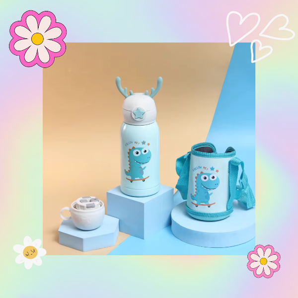 BOTELLA / TERMO INFANTIL * DINOSAURIO VERDE* C/ FUNDA 2 EN 1 ---> TAPA DE TERMO + PICO TIPO SORBETE 500ML ACERO INOXIDABLE