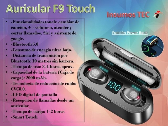 Auriculares TWS "F9 Touch" Inalambricos Bluetooth Premium (Negro)