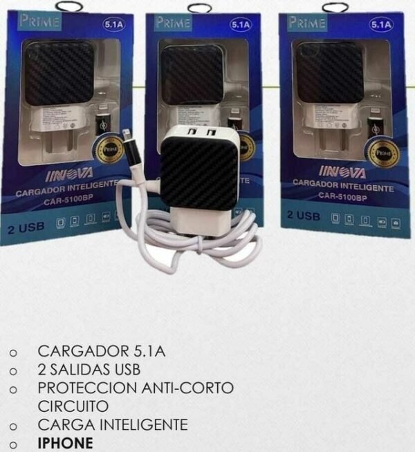 Cargador inteligente para Celular IPHONE 5.1 A (Carga Rápida) INOVA