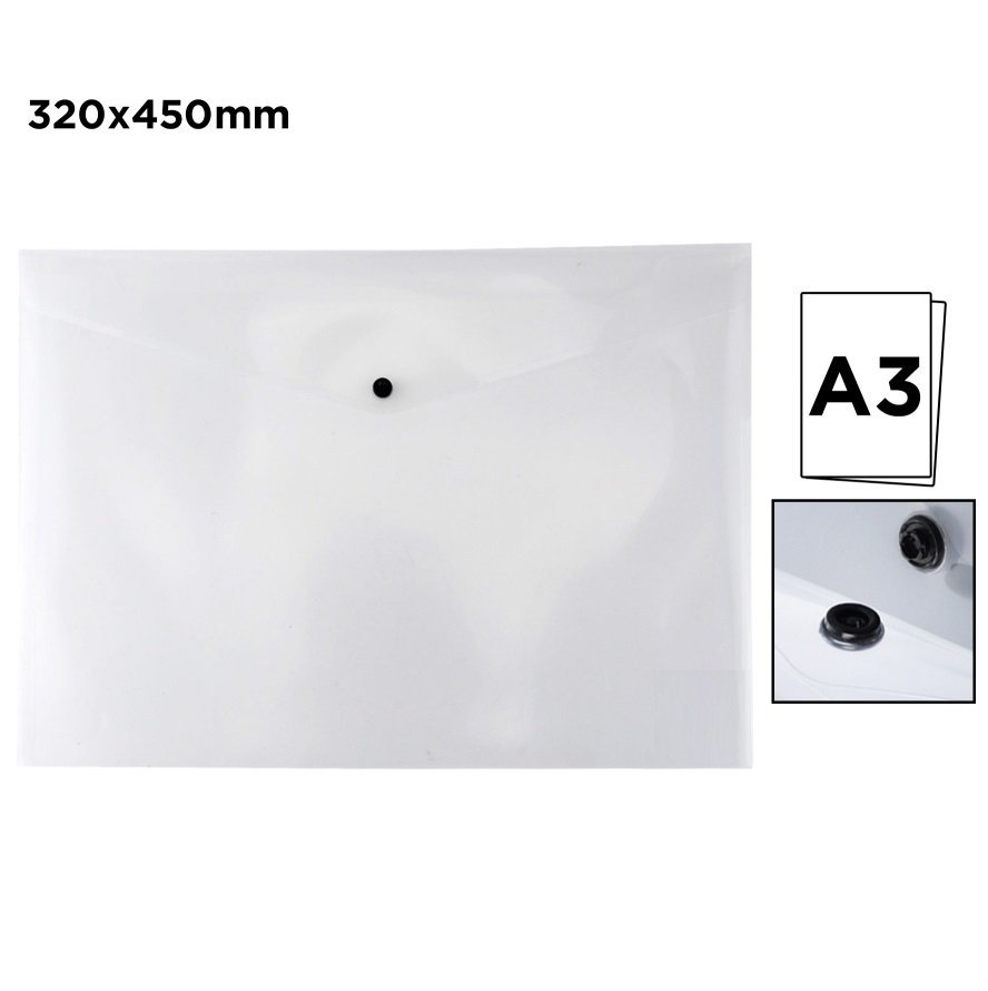 Sobre Plástico cierre c/ Botón "Rideo TRANSPARENTE " tamaño A3 (Extra grande)