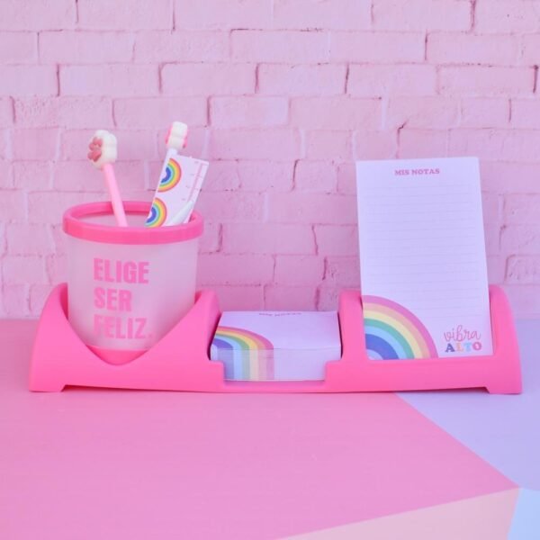 Set Organizadores de Escritorio " Elige Ser Feliz " Rosa + Porta lapiz Redondo