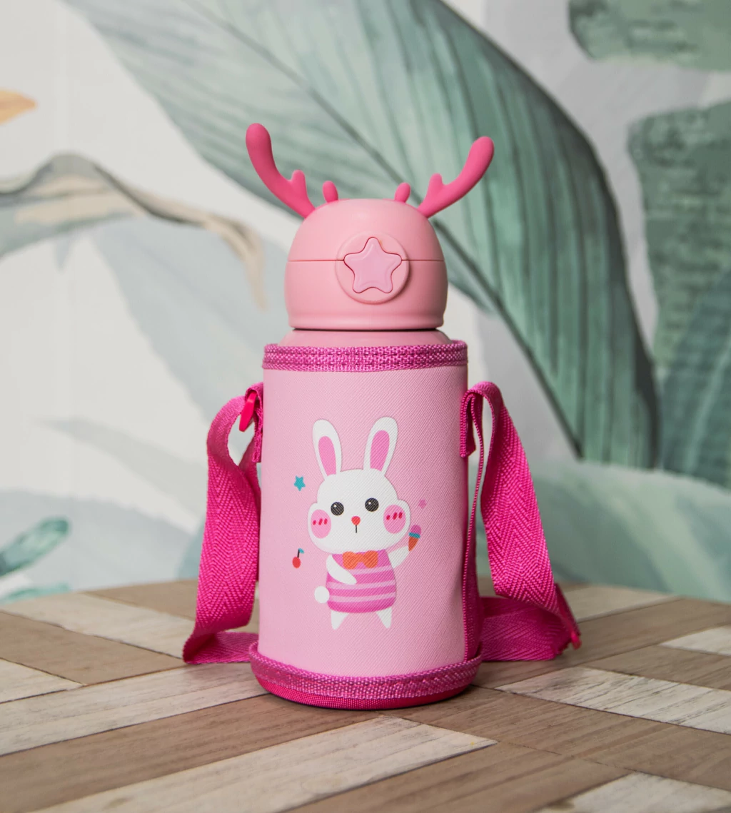 BOTELLA / TERMO INFANTIL * CONEJITO * C/ FUNDA 2 EN 1 ---> TAPA DE TERMO + PICO TIPO SORBETE 500ML ACERO INOXIDABLE