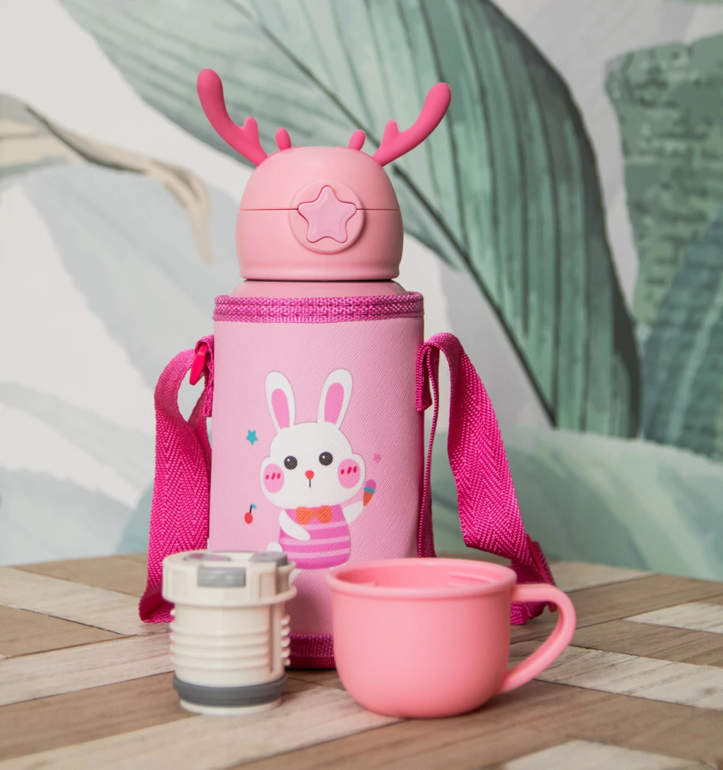 BOTELLA / TERMO INFANTIL * CONEJITO * C/ FUNDA 2 EN 1 ---> TAPA DE TERMO + PICO TIPO SORBETE 500ML ACERO INOXIDABLE