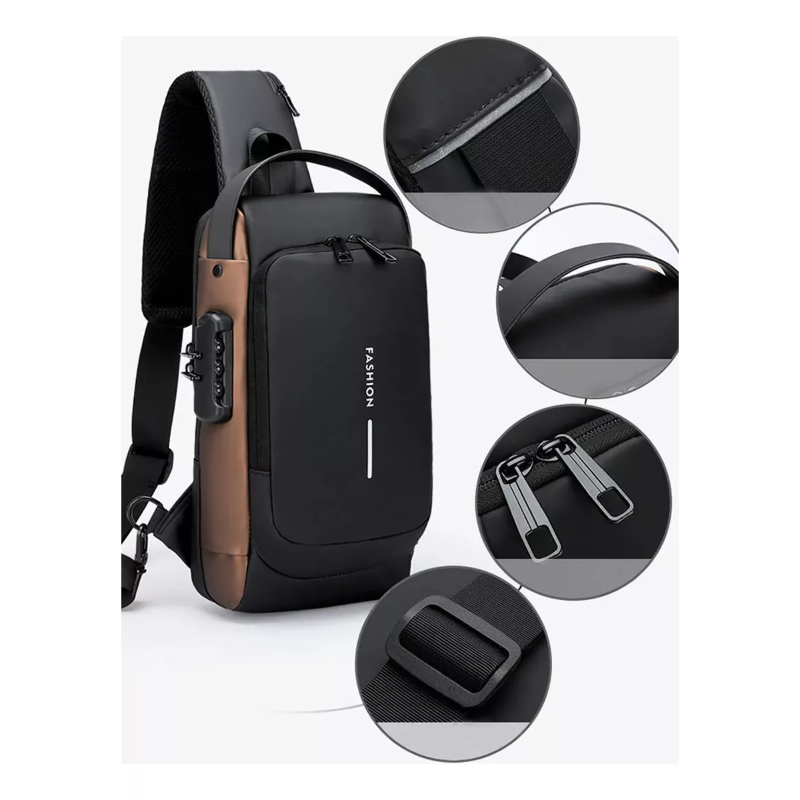 Pechera Cruzada de Seguridad * Negro Combinado Antirrobo * Reforzada + USB + Candado de combinación