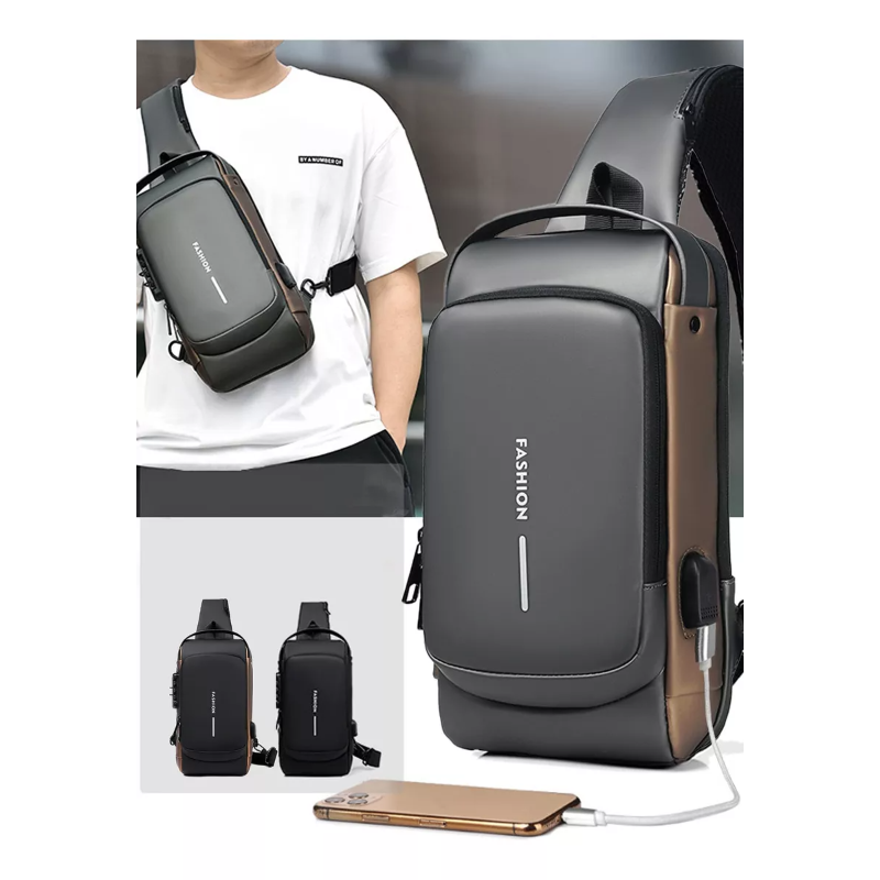 Pechera Cruzada de Seguridad * Gris Combinado Antirrobo * Reforzada + USB + Candado de combinación