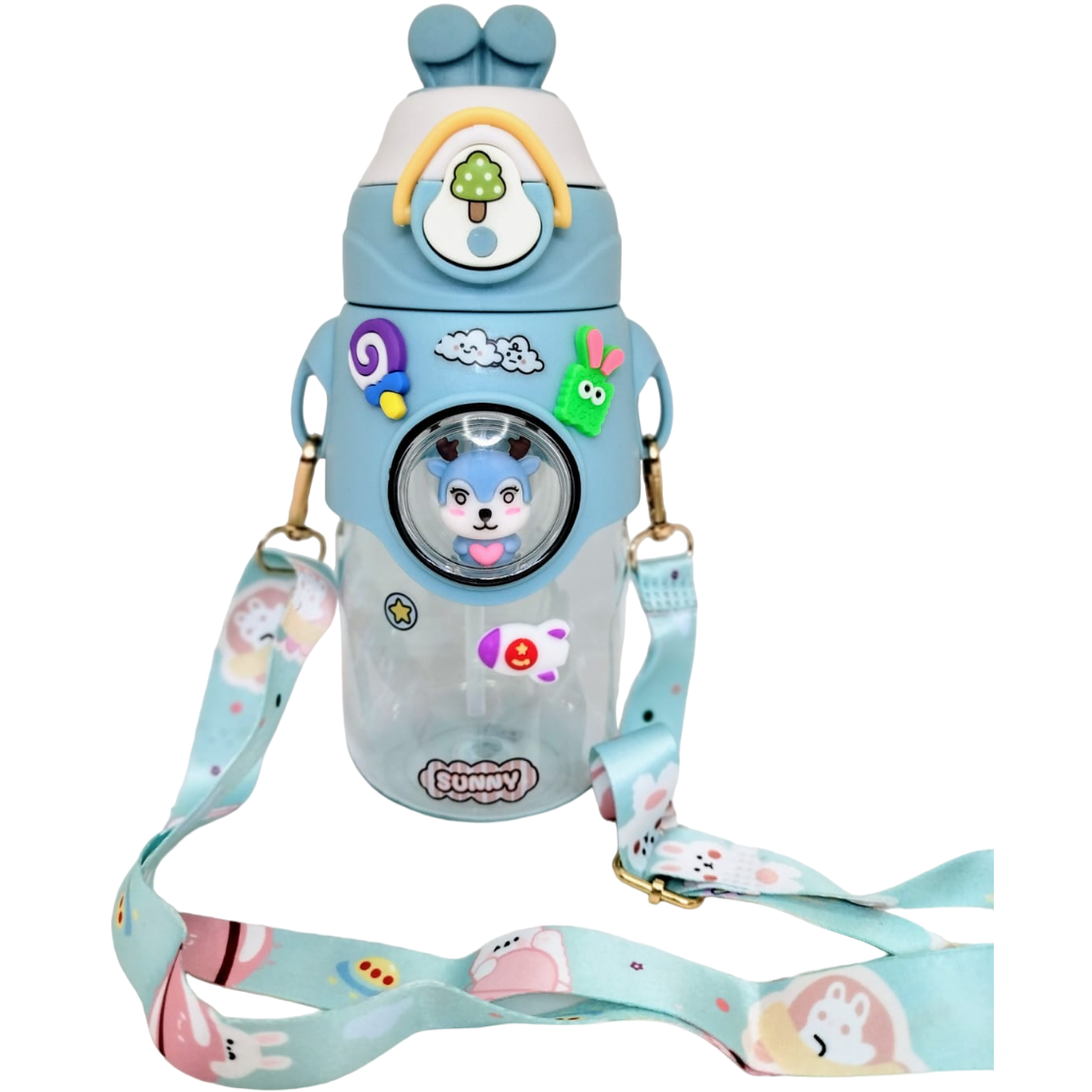 BOTELLA RIGIDA RABBIT * CELESTE * 750 ML KAWAII SISTEMA DE PICO C/ STIICKERS PERSONALISABLE (EXCELENTE CALIDAD)