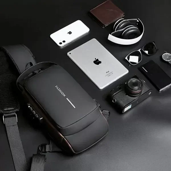 Pechera Cruzada de Seguridad * Negra Antirrobo * Reforzada + USB + Candado de combinación