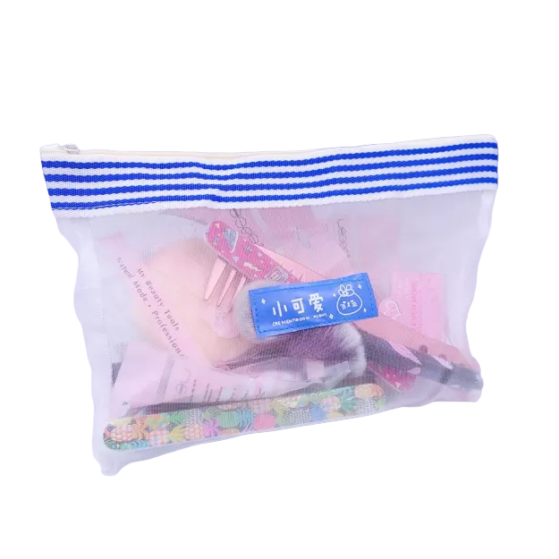 PORTA COSMETICOS TIPO RED TRANSPARENTE C/ RAYAS AZULES (Grande)