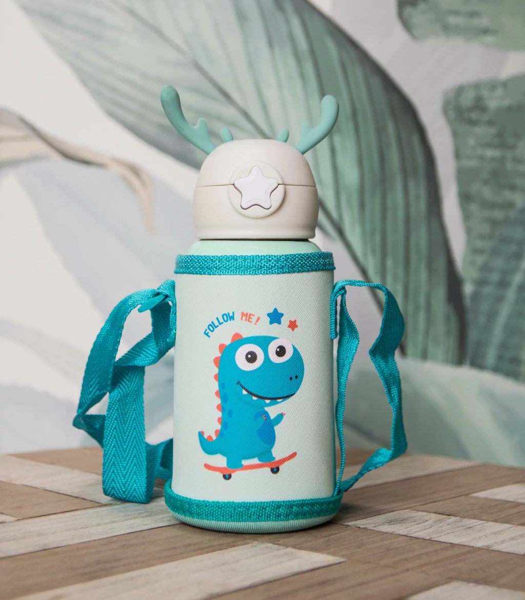 BOTELLA / TERMO INFANTIL * DINOSAURIO VERDE* C/ FUNDA 2 EN 1 ---> TAPA DE TERMO + PICO TIPO SORBETE 500ML ACERO INOXIDABLE