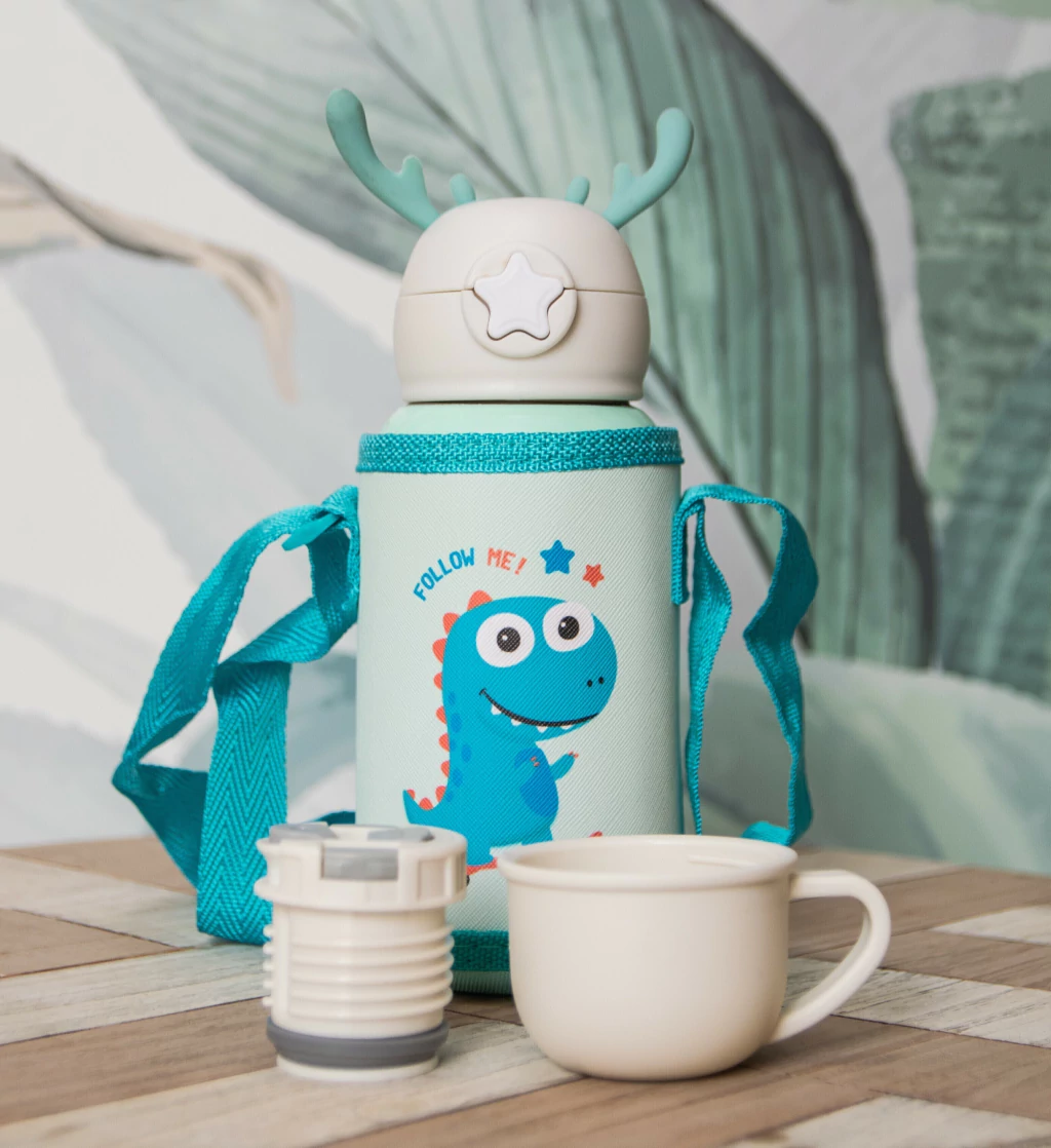 BOTELLA / TERMO INFANTIL * DINOSAURIO VERDE* C/ FUNDA 2 EN 1 ---> TAPA DE TERMO + PICO TIPO SORBETE 500ML ACERO INOXIDABLE