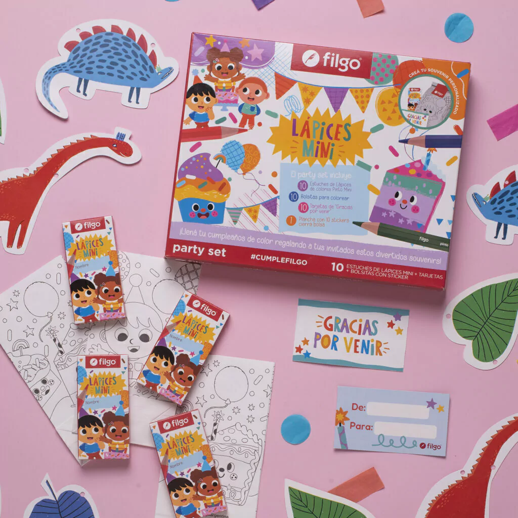 Party Set Filgo * Cumpleaños con Lápices Mini * -Para 10 invitados - (Incluye 10 Cajitas de Lapices x 6 + 10 Bolsitas para colorear+ 10 Tarjetitas + 10 Sticker Cierra bolsa