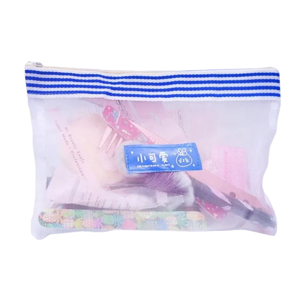 PORTA COSMETICOS TIPO RED TRANSPARENTE C/ RAYAS AZULES (Grande)