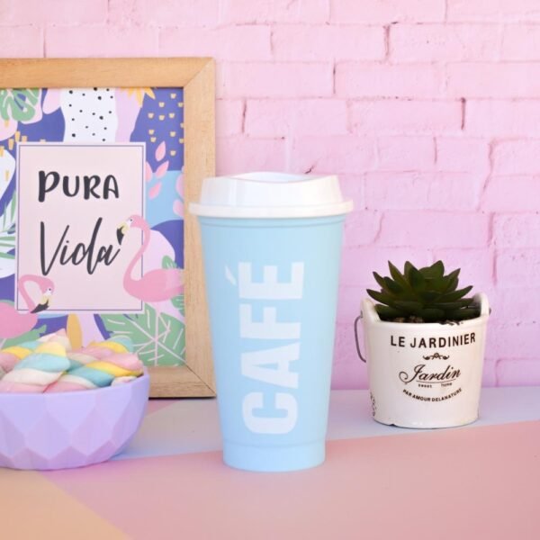 Vaso "Café CELESTE PASTEL" con Tapa (Linea ECO) 500cc
