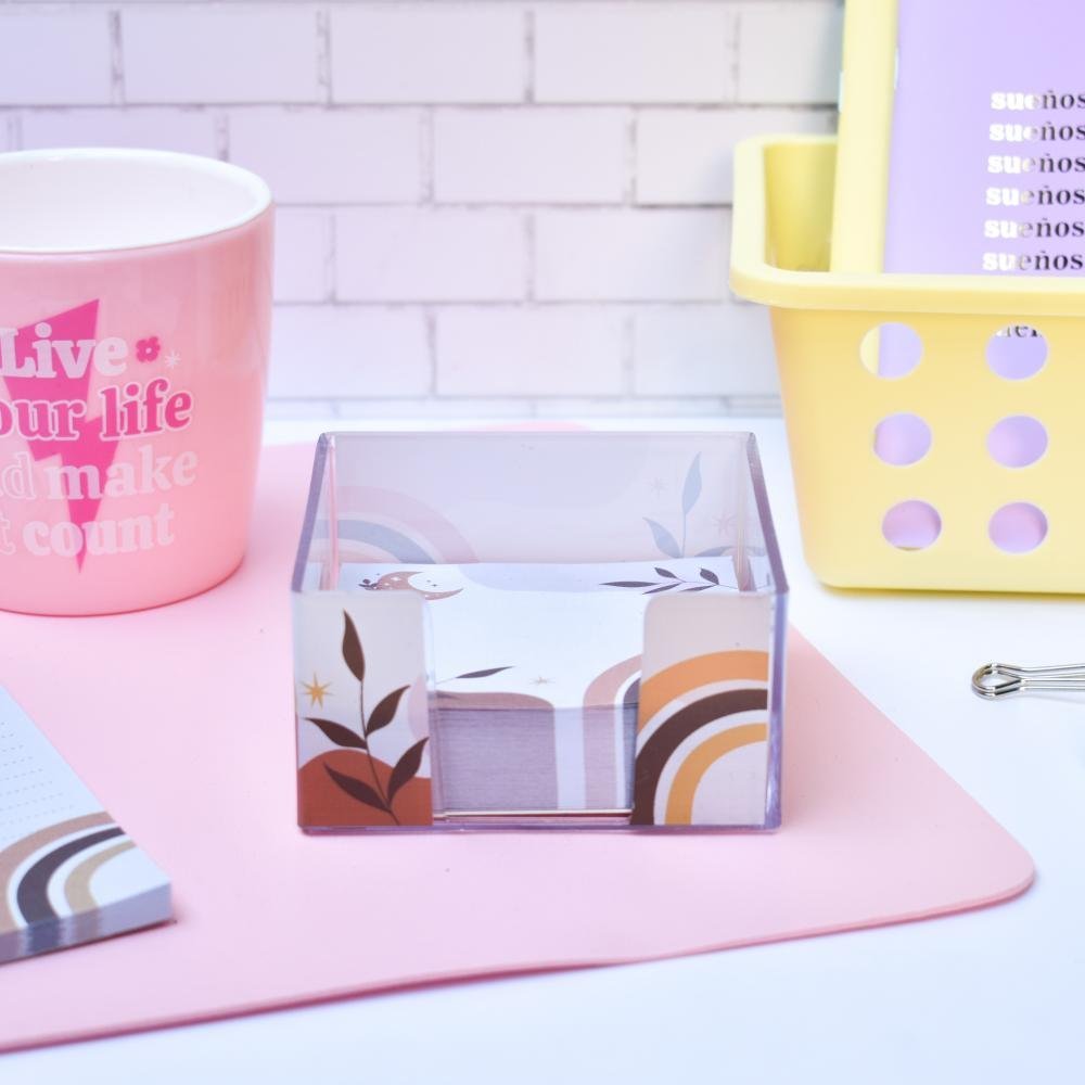 PORTA TACO DE ACRILICO "BEIGE" 76 x 76 + TACO DE PAPEL x 200 HOJAS (SIN ADHESIVO)