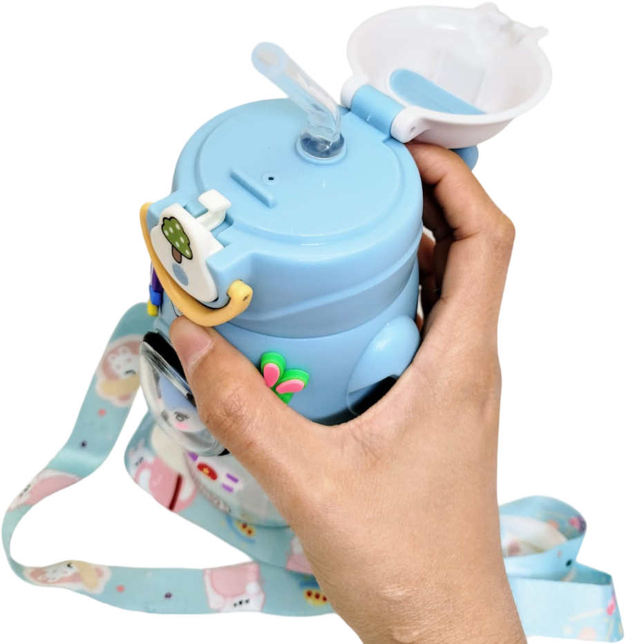 BOTELLA RIGIDA RABBIT * CELESTE * 750 ML KAWAII SISTEMA DE PICO C/ STIICKERS PERSONALISABLE (EXCELENTE CALIDAD)