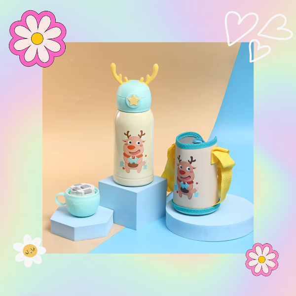 BOTELLA / TERMO INFANTIL * RENO * C/ FUNDA 2 EN 1 ---> TAPA DE TERMO + PICO TIPO SORBETE 500ML ACERO INOXIDABLE